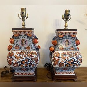 PAIR OF VINTAGE CERAMIC POMEGRANATE HANDLE LAMPS-HAND PAINTED